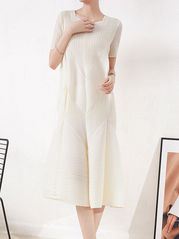 Pleated Solid Color High Waisted Loose Round-Neck Midi Dresses