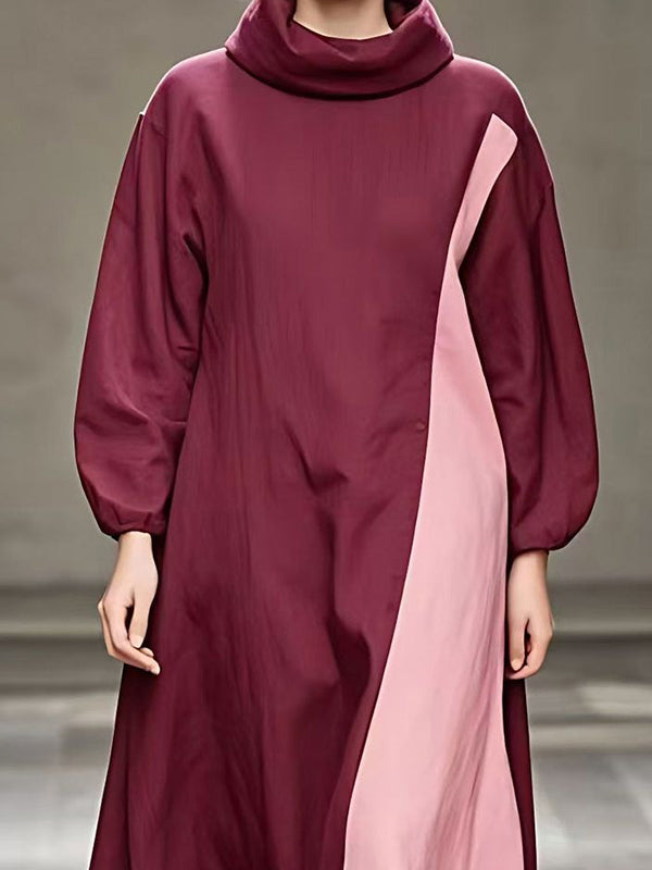Contrast Color Split-Joint Loose Puff Sleeves High Neck Maxi Dresses