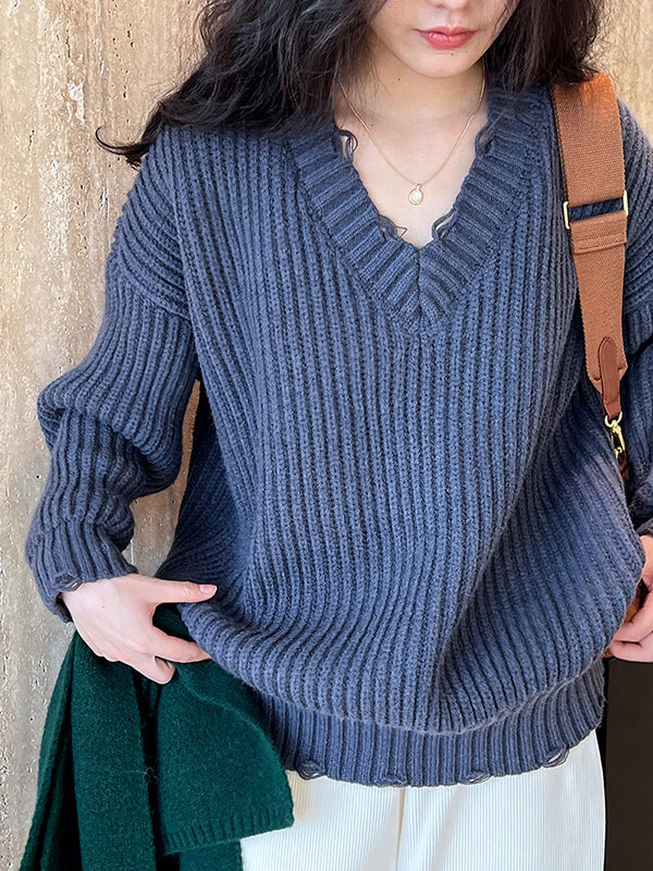 Hollow Solid Color Long Sleeves Loose V-Neck Sweater Tops Pullovers
