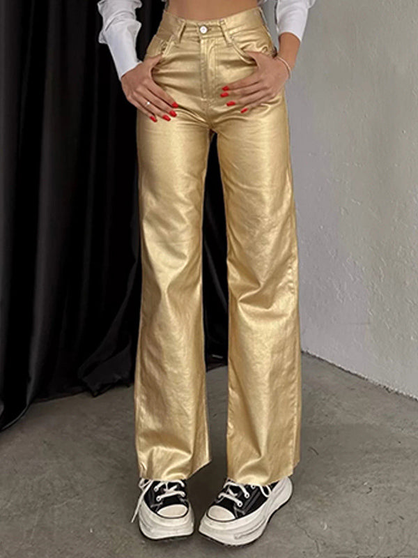 Pockets Solid Color Wide Leg Trousers Pants