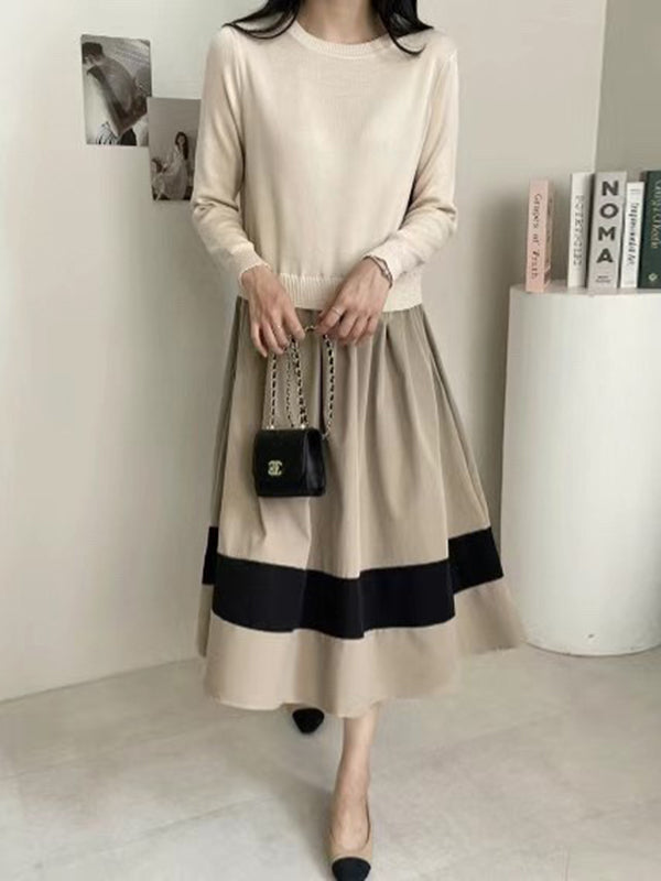Pleated Split-Joint A-Line Long Sleeves Round-Neck Midi Dresses
