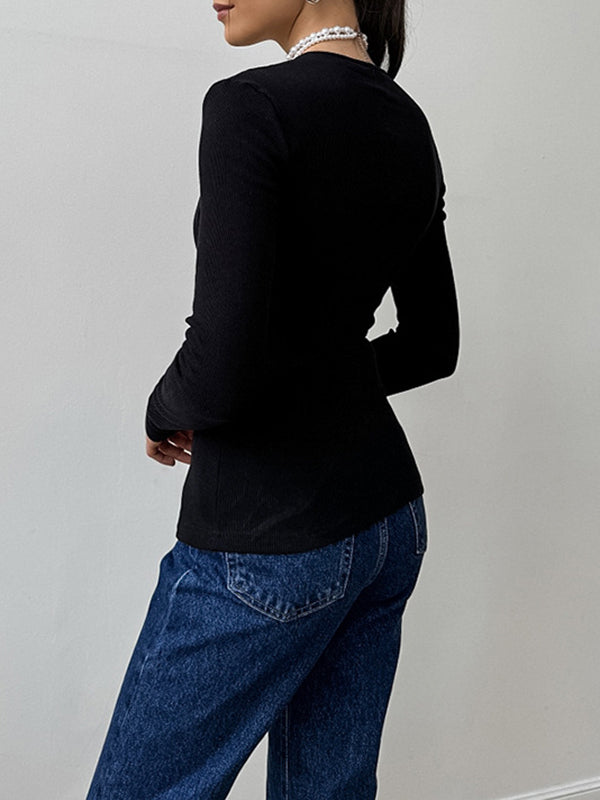 Asymmetric Buttoned Hollow Solid Color Split-Joint False Two Long Sleeves Round-Neck T-Shirts Tops