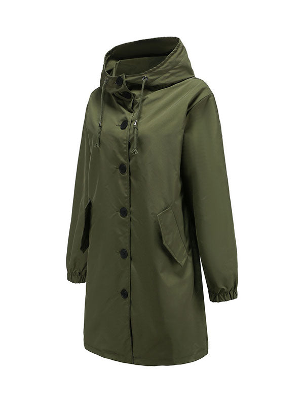 Buttoned Drawstring Elasticity Hooded Pockets Split-Back Waterproof Long Sleeves Loose High-Neck Trench Coats
