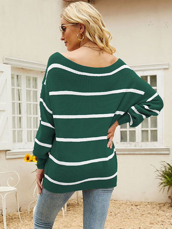 Long Sleeves Striped Off-The-Shoulder Sweater Tops