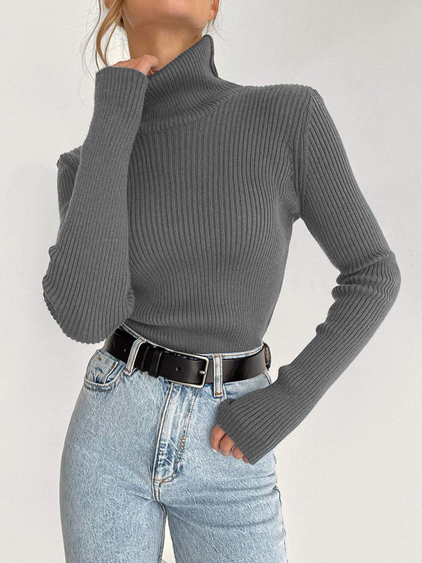 Long Sleeves Skinny Solid Color High Neck Pullovers Sweater Sweater Tops