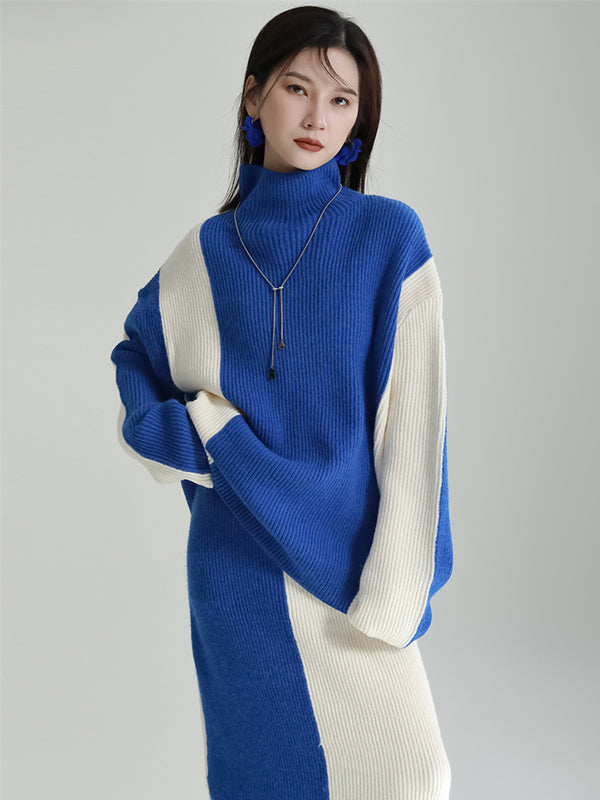 Casual Loose Long Sleeves Contrast Color High-Neck Sweater Top&Skirt Two Pieces Set
