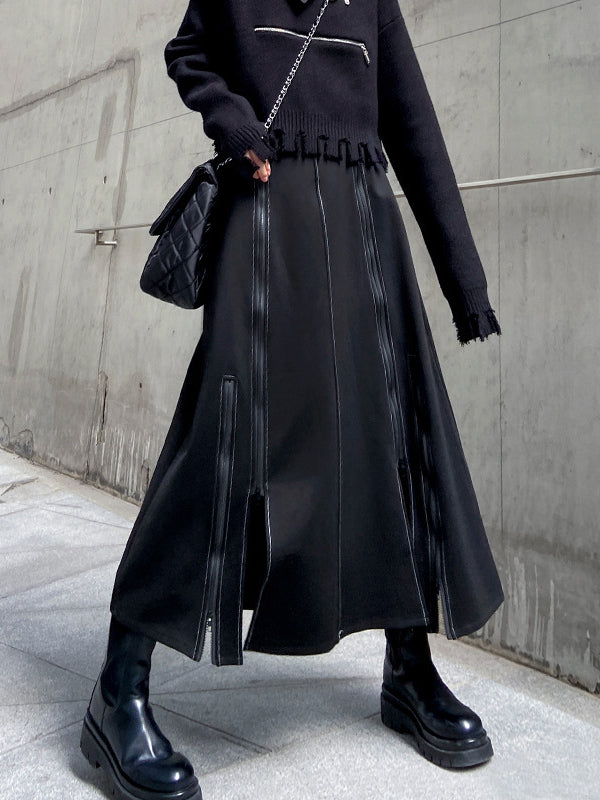 Solid Color Split-Joint Split-Side Zipper A-Line Irregularity Skirts Bottoms