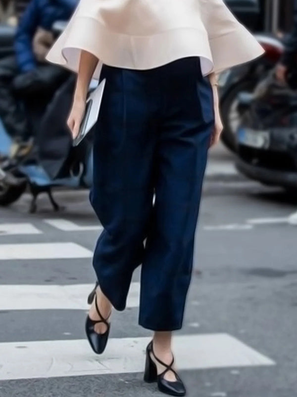 Solid Color Split-Joint High Waisted Loose Trousers Pants Ninth Pants