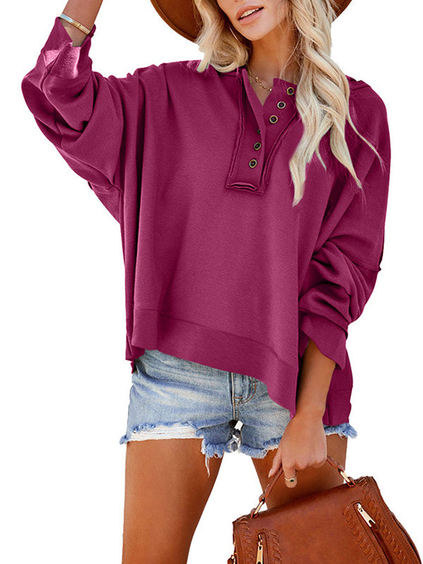 Buttoned Split-Joint Velvet Hooded Long Sleeves Sweatshirt Tops