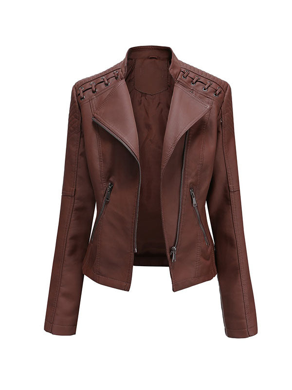Split-Joint Zipper Long Sleeves Mock Neck Outerwear PU Jackets
