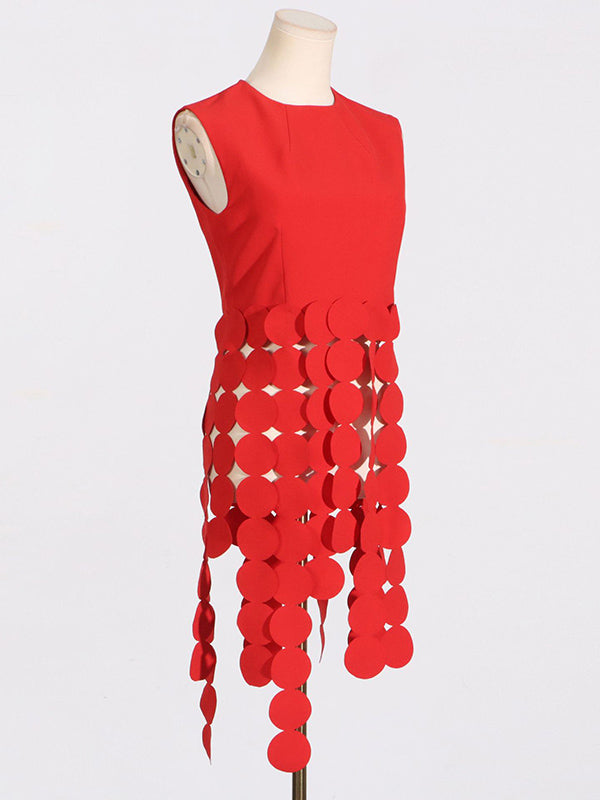 Polka-Dot Solid Color Split-Joint Tasseled Sleeveless Round-Neck Vest Top