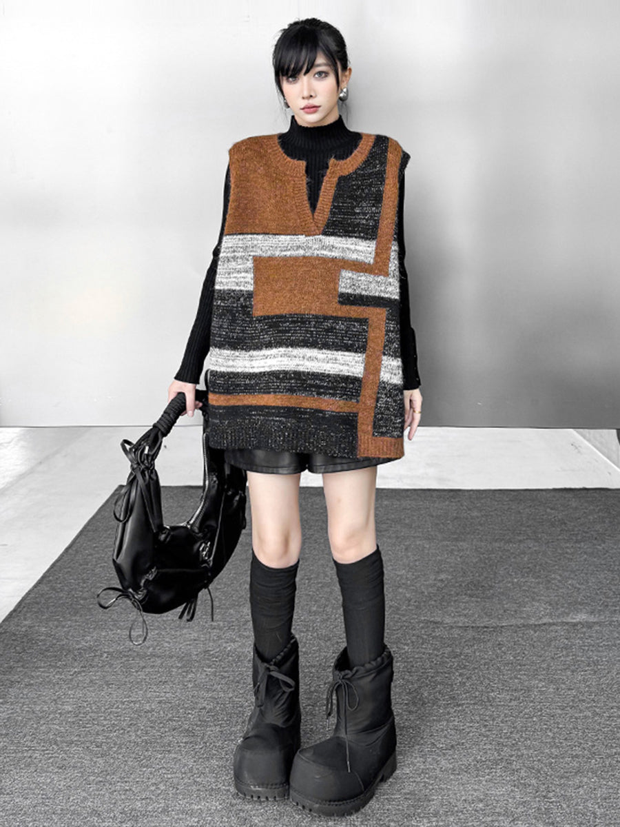 Contrast Color Geometric Split-Joint Striped Loose Sleeveless V-Neck Vest Top Outerwear