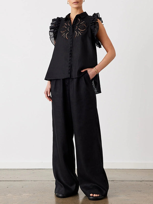 Buttoned Hollow Mesh Pleated Ruffled Solid Color Split-Joint High-low Loose Lapel Vest Top