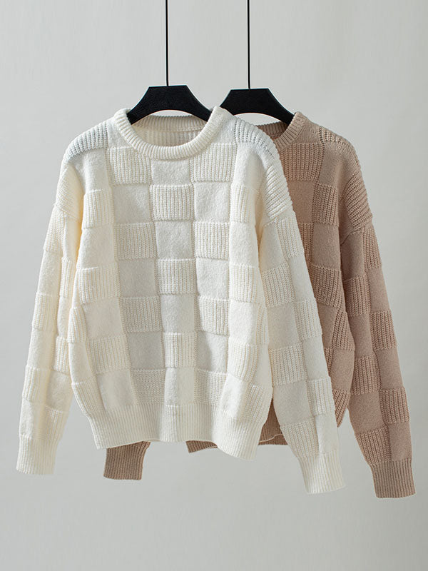 Solid Color Split-Joint Long Sleeves Loose Round-Neck Sweater Tops Pullovers