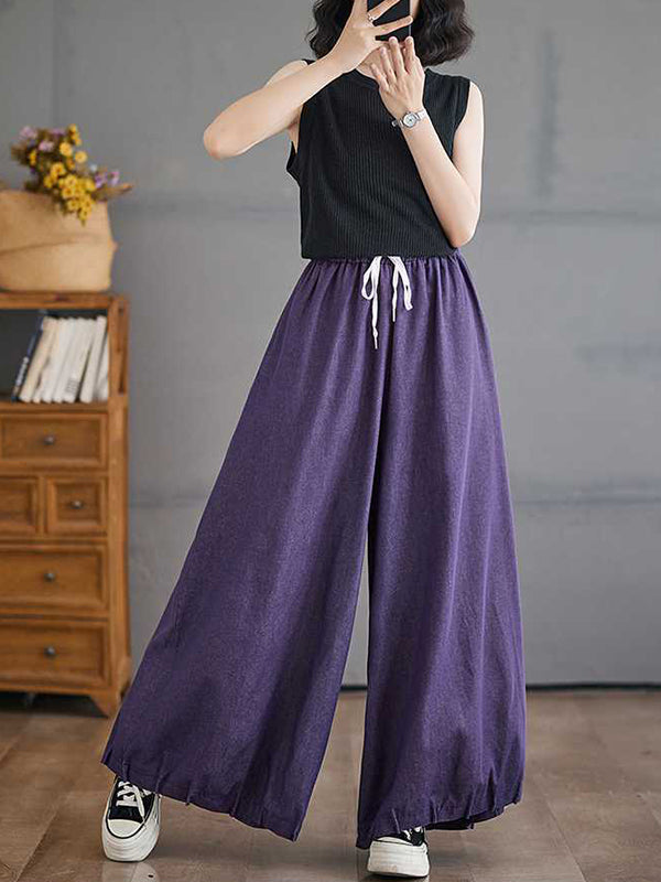 Drawstring Elasticity Pleated Pockets High Waisted Loose Pants Knickerbockers Culotte