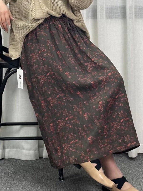 Drawstring Elasticity Floral Printed Loose Skirts