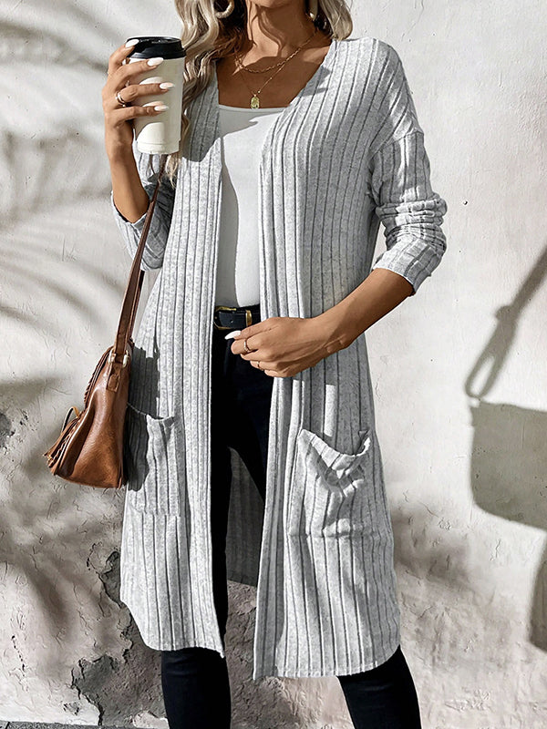 Pockets Solid Color Split-Joint Long Sleeves Loose Collarless Cardigan Tops