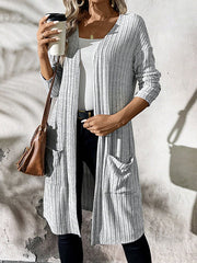 Pockets Solid Color Split-Joint Long Sleeves Loose Collarless Cardigan Tops