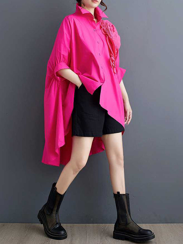Asymmetric Buttoned Pleated Solid Color Three-Dimensional Flower Batwing Sleeves Half Sleeves Lapel Blouses&Shirts Tops
