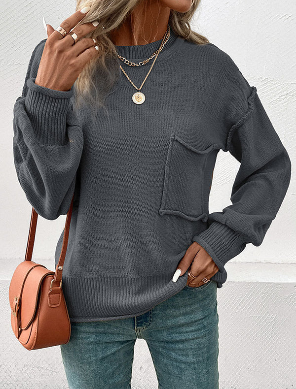 Pockets Solid Color Split-Joint Long Sleeves Loose Round-Neck Sweater Tops Pullovers