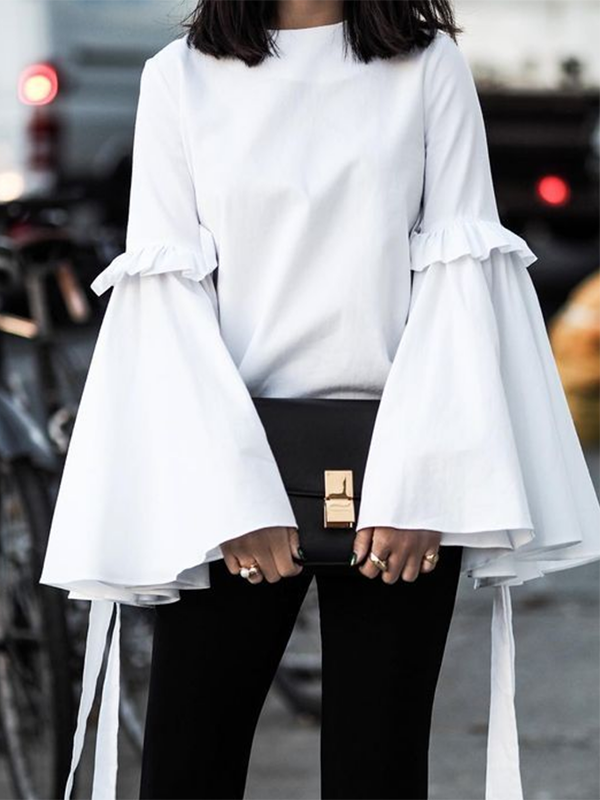 Ruffled Solid Color Split-Joint Flared Sleeves Loose Round-neck T-Shirts Tops
