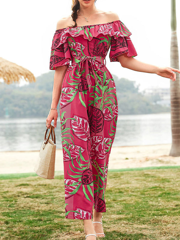Elasticity Leaves Print Ruffled Tied Waist Half Sleeves Loose Off-The-Shoulder Jumpsuits