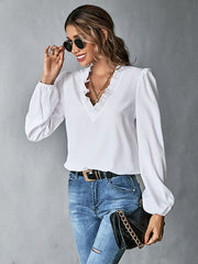 Casual Puff Sleeves Loose Falbala Solid Color V-Neck Blouses&Shirts Tops