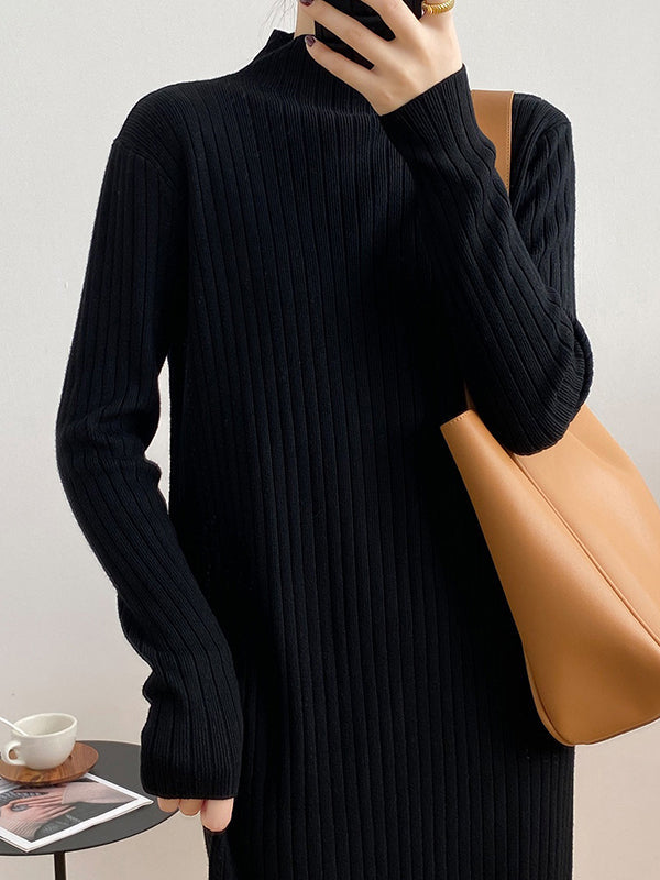 Fringed Solid Color Long Sleeves Loose Mock Neck Sweater Dresses Midi Dresses