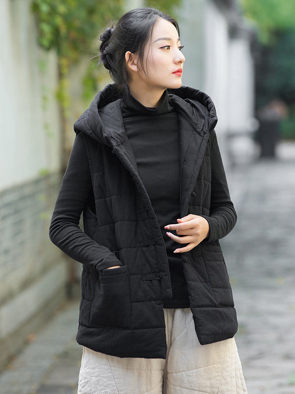 Simple Sleeveless Loose Keep Warm Cotton Quilted Solid Color Hooded Vest Outerwear