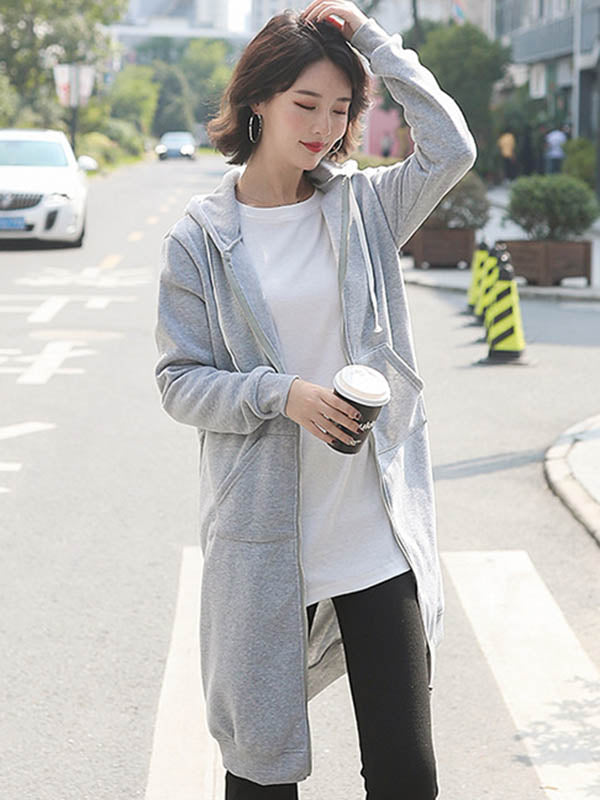 4Colors Drawstring Hooded Split-Joint Pocket Solid Color Zipper Outerwear