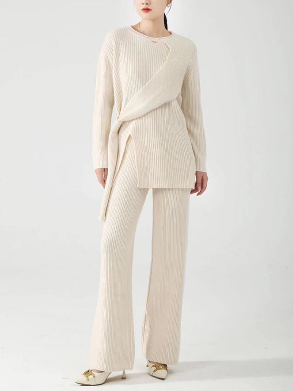 Loose Asymmetric Solid Color Long Sleeves Split-Front Round-Neck Sweater Top + Pants Bottom Two Pieces Set