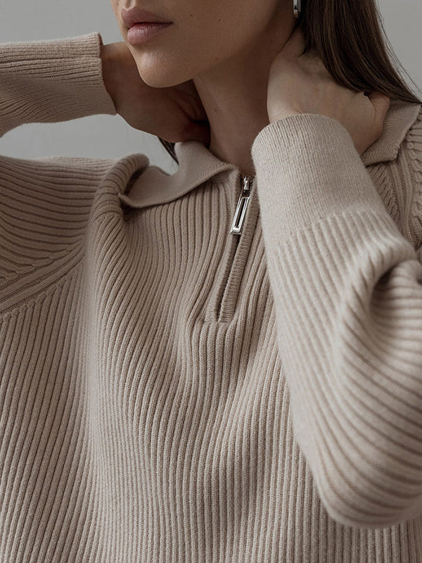 Solid Color Zipper Long Sleeves Loose Lapel Sweater Tops Pullovers