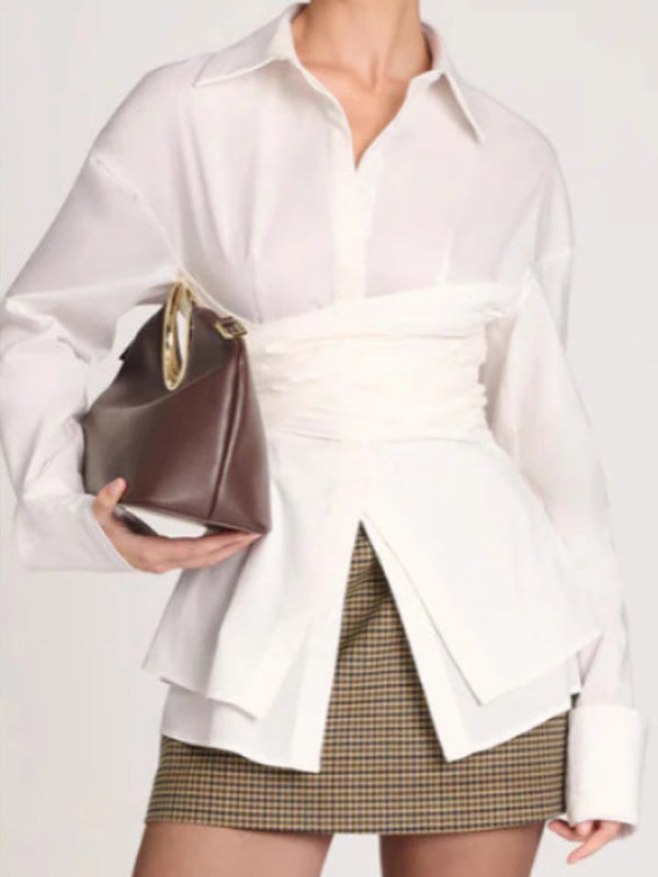 Pleated Solid Color Split-Joint Tiered Long Sleeves Plus Size Lapel Blouses&Shirts Tops