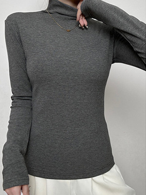 Solid Color Long Sleeves Skinny High Neck T-Shirts Tops