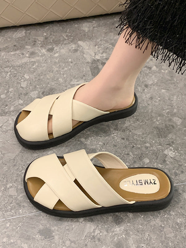 Hollow Round-Toe Split-Joint Slippers&Mules