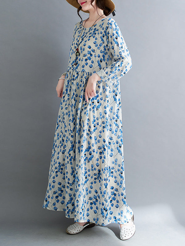Flower Print Split-Joint Long Sleeves Loose Round-Neck Midi Dresses