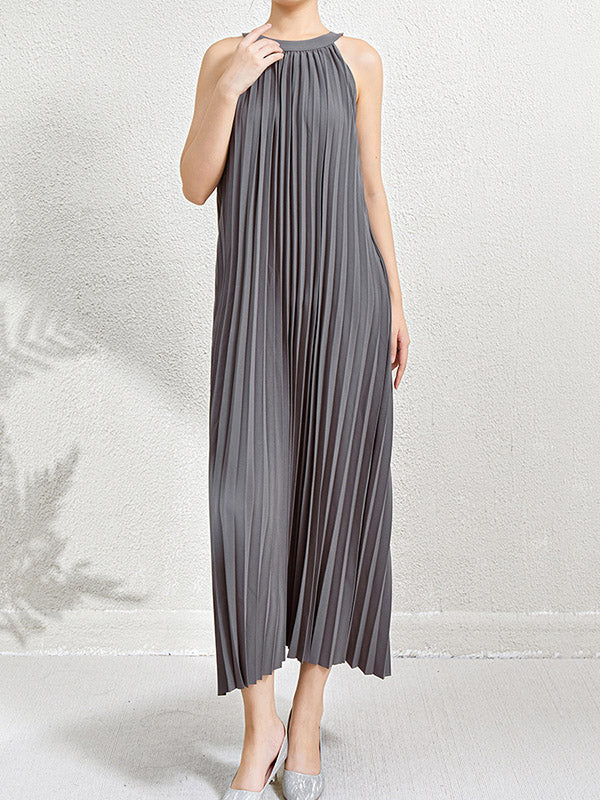Hollow Pleated Pockets Solid Color Loose Sleeveless Halter-Neck Maxi Dresses
