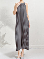 Hollow Pleated Pockets Solid Color Loose Sleeveless Halter-Neck Maxi Dresses