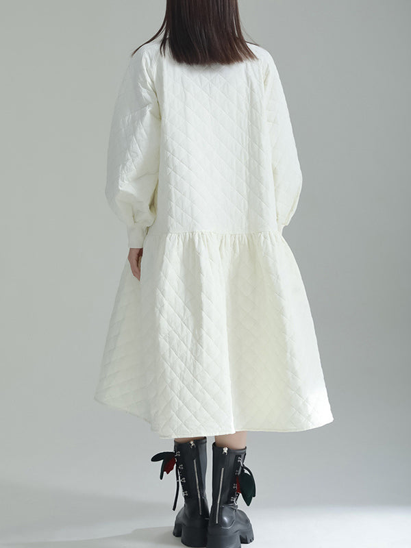 Pleated Quilted Split-Joint Long Sleeves Loose Round-Neck Midi Dresses