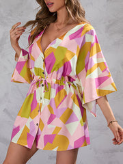 Buttoned Drawstring Printed A-Line Half Sleeves V-Neck Mini Dresses