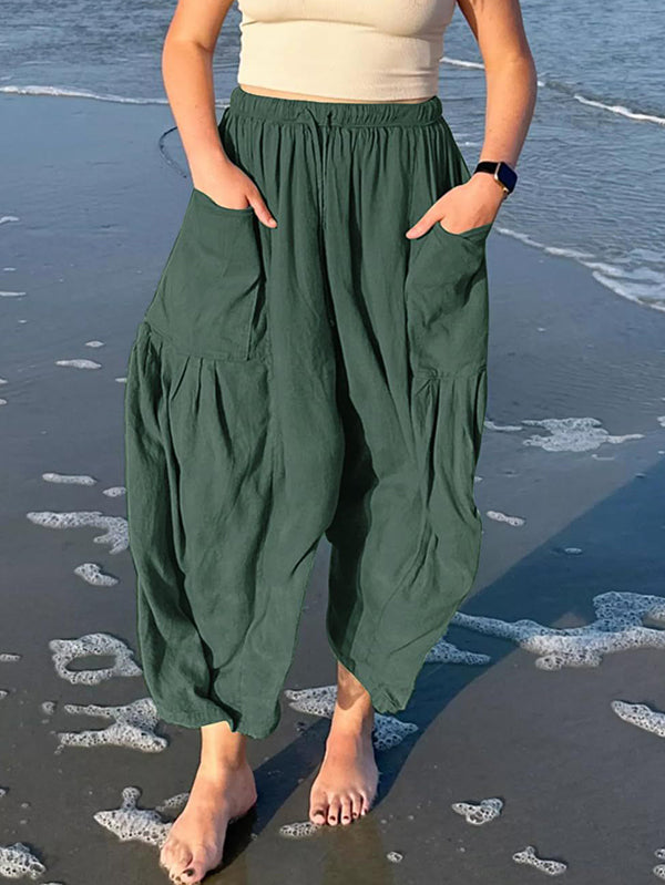 Drawstring Elasticity Pleated Pockets Solid Color High Waisted Loose Trousers Ninth Pants