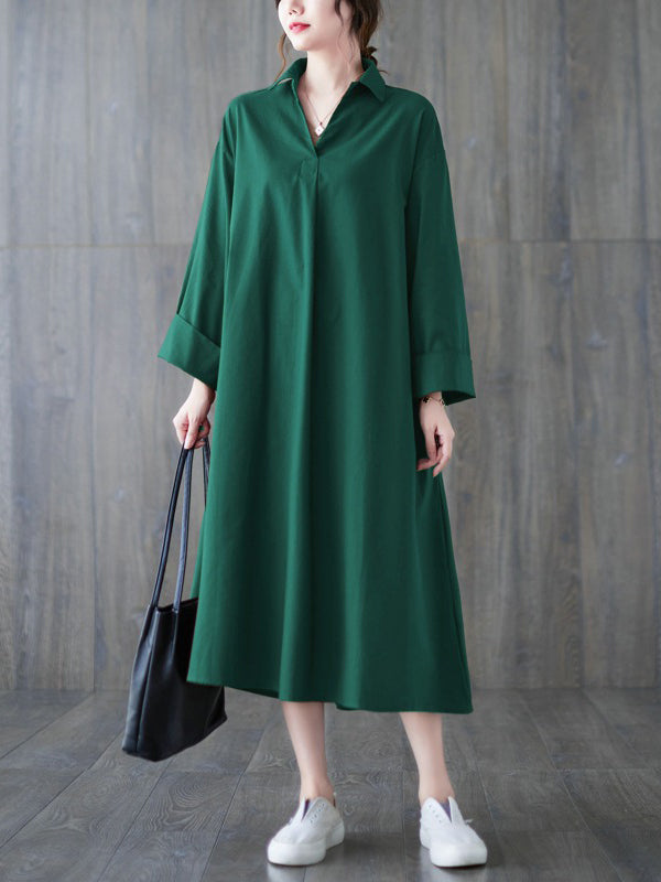 Buttoned Solid Color A-Line Long Sleeves Lapel Shirt Dress Midi Dresses