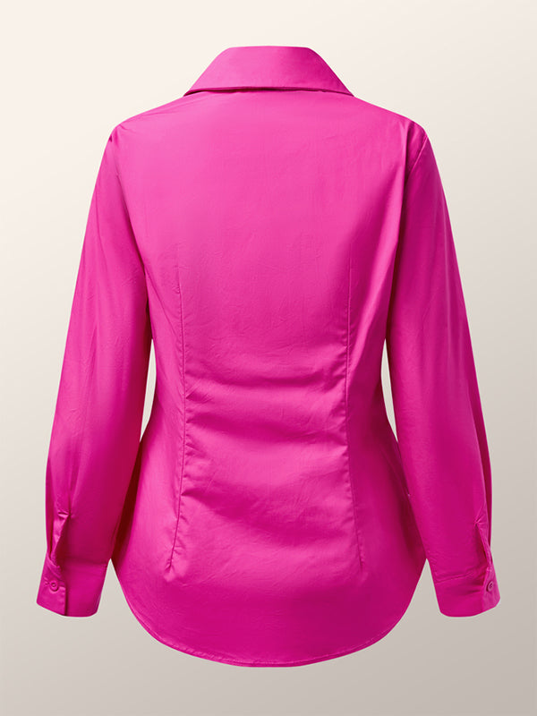 Long Sleeves Bow-Embellished Buttoned Solid Color Lapel Blouses&Shirts Tops