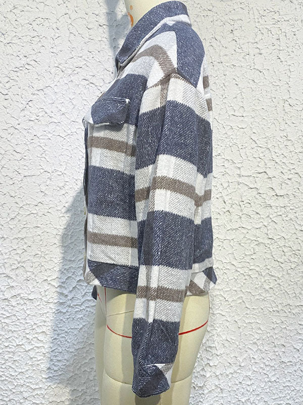 Buttoned Contrast Color Plaid Long Sleeves Loose Lapel Outerwear