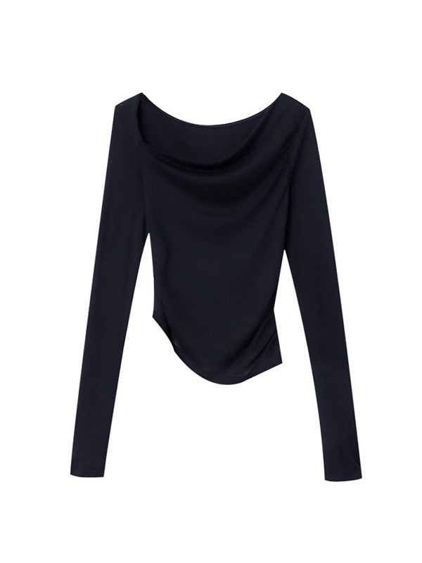 Solid Color Long Sleeves Skinny Asymmetric Collar T-Shirts Tops