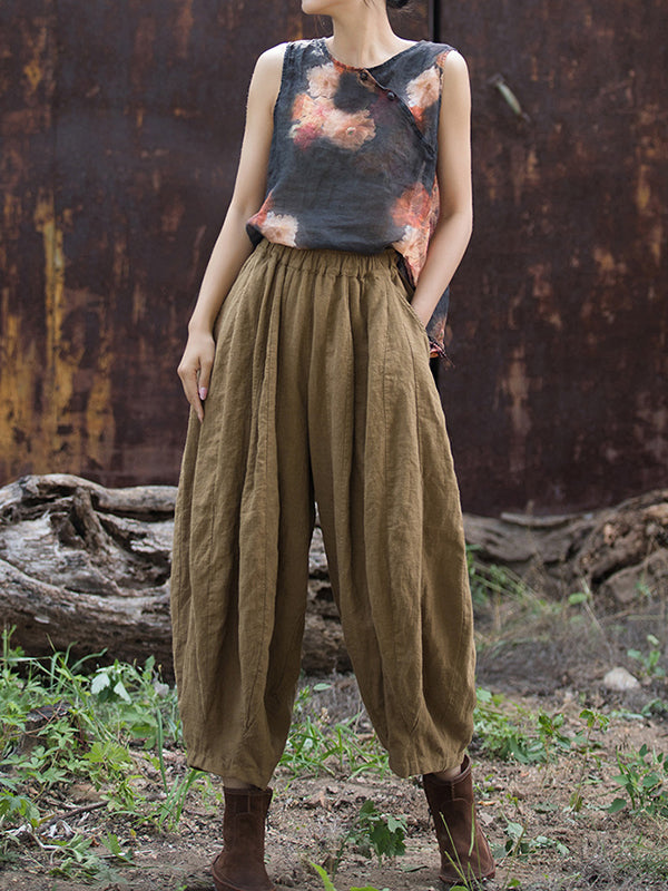 Elasticity Pleated Pockets Solid Color Split-Joint Bloomers Loose Casual Pants Bottoms