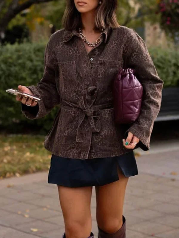 Leopard Tied Waist Long Sleeves Loose Blouses&shirts Tops