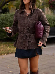 Leopard Tied Waist Long Sleeves Loose Blouses&shirts Tops