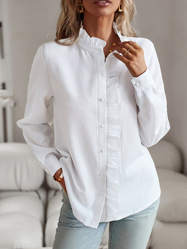 Asymmetric Buttoned Ruffled Striped Long Sleeves Mock Neck Blouses&shirts Tops