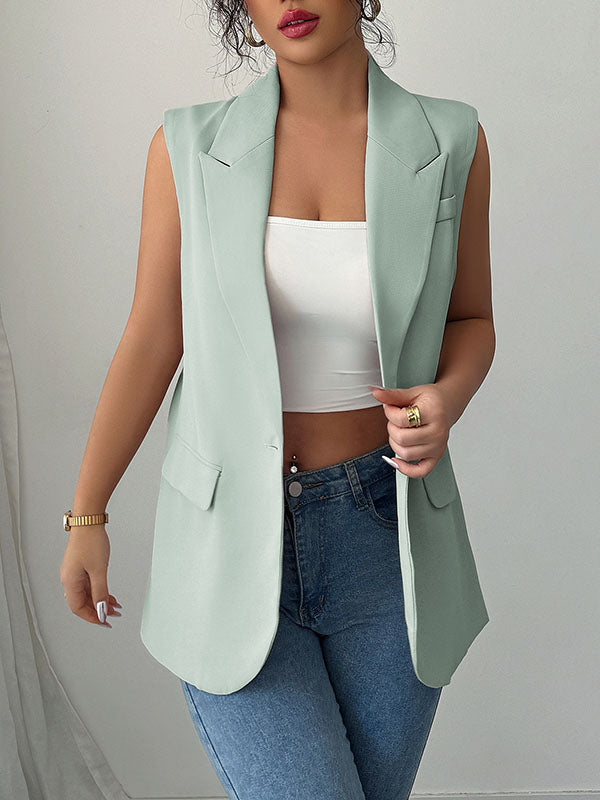 Buttoned Pockets Loose Sleeveless Notched Collar Vest Top Blazer